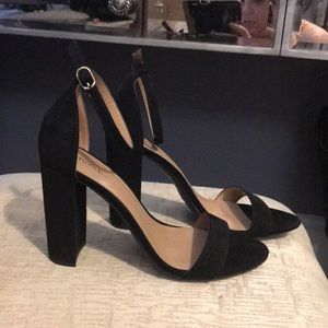 Suede block heel sandal with ankle strap